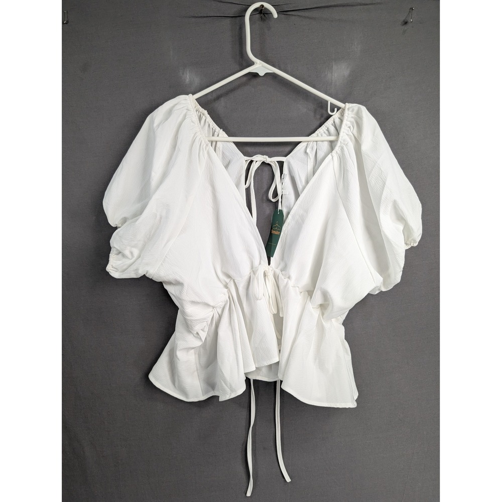 Remidoo White Tie Front Puff Sleeve Peplum Top Large NWT